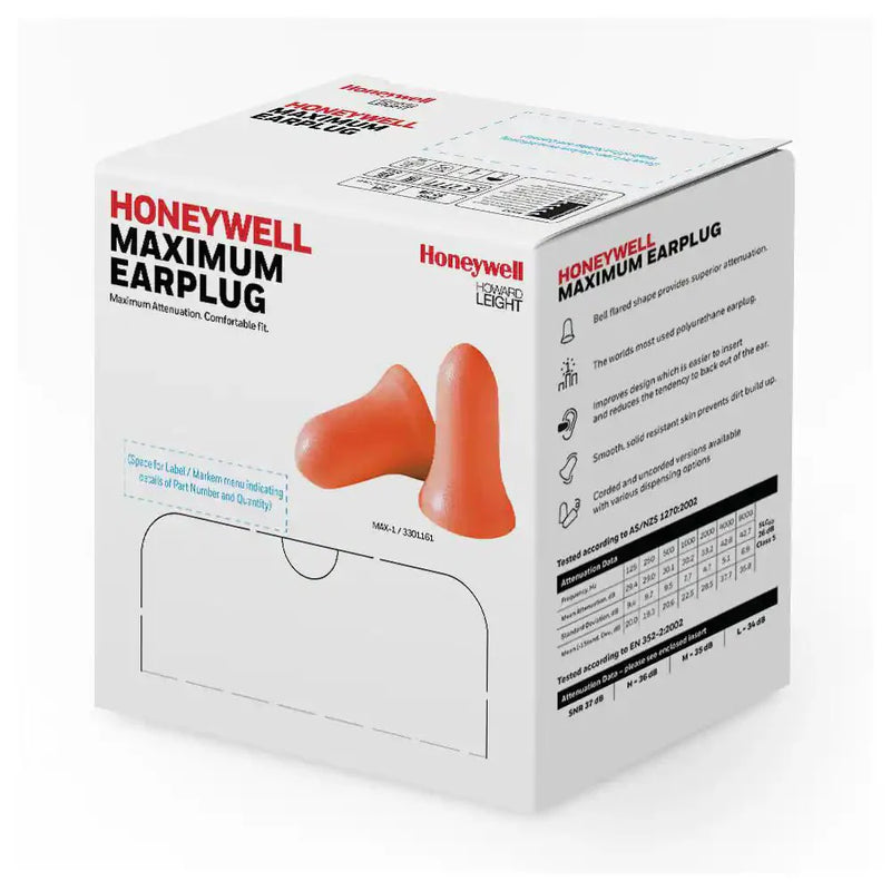 Honeywell MAX-1 Disposable Foam Uncorded Earplugs, Bell Shape, 33 dB NRR, Coral, 200 Pairs/Box