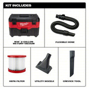 Milwaukee 0880-20 Portable Shop Vacuum 2 gal Tank Size, Reinforced Nylon, 1 1/4 in Vacuum Hose Dia., HEPA