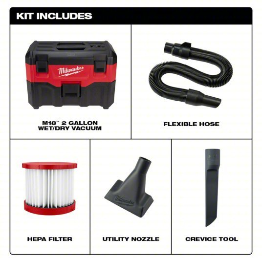 Milwaukee 0880-20 Portable Shop Vacuum 2 gal Tank Size, Reinforced Nylon, 1 1/4 in Vacuum Hose Dia., HEPA