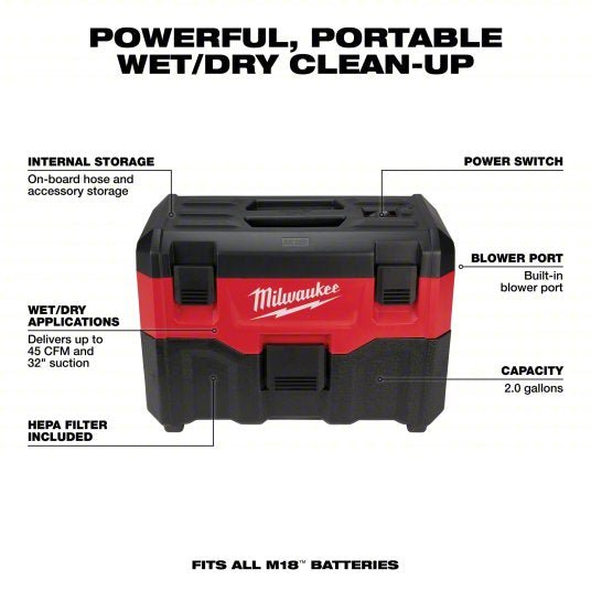 Milwaukee 0880-20 Portable Shop Vacuum 2 gal Tank Size, Reinforced Nylon, 1 1/4 in Vacuum Hose Dia., HEPA