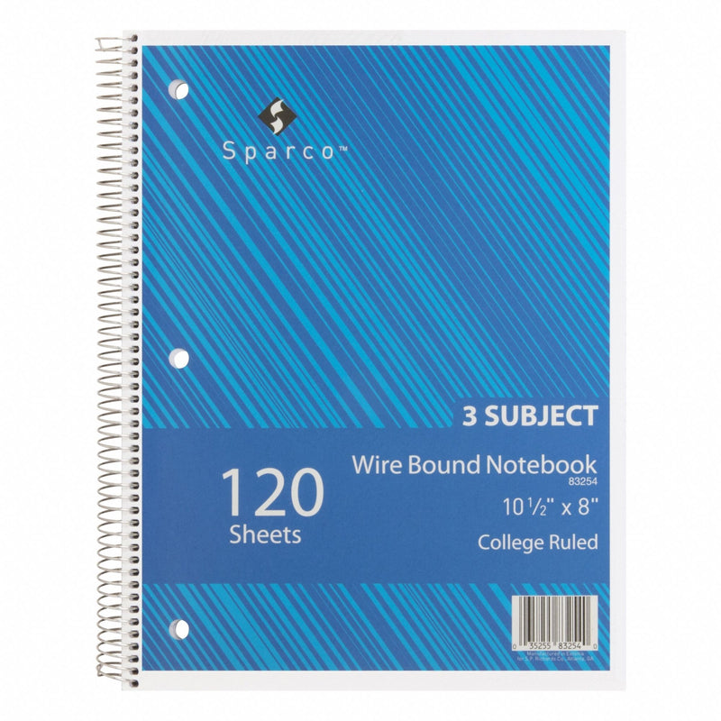 Sparco SPR83254 Notebook, 8 1/2 in x 11 in Sheet Size, Ruled, White, 120 Sheets, Blue, Chipboard, Chipboard