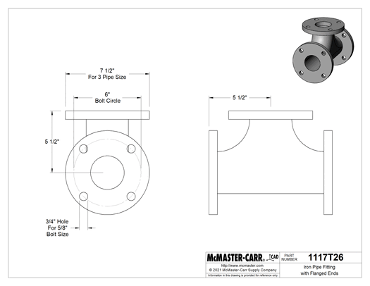 McMaster 1117T26 Iron Pipe Fitting with Flanged Ends, FM-Approved, Tee Connector, 3 Pipe Size