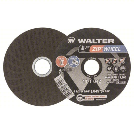 Walter 11T042 Abrasive Cut-Off Wheel Type 1, 4 1/2 in x 3/64 in x 7/8 in, Aluminum Oxide, 60 Grit, ZIPCUT PK25