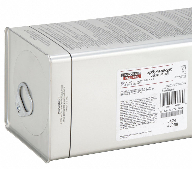 Lincoln Electric ED028281 Stick Electrode, Carbon Steel, E7018 H4R, 1/8 in x 14 in, 50 lb, Excalibur 7018 MR