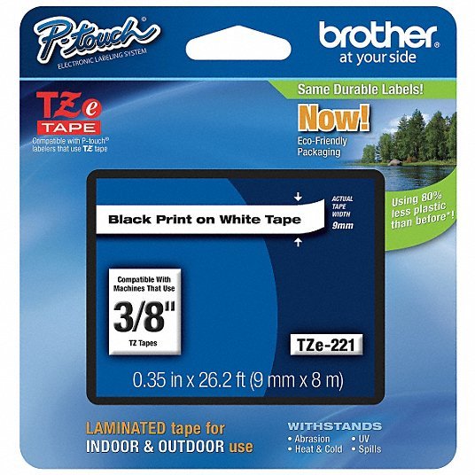Brother TZe221 TZ Tape (R) Cartridge 0.35"x26-1/5ft., Black/White
