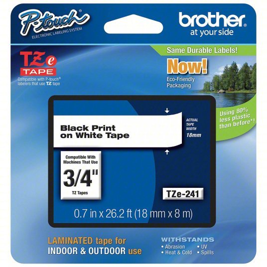 Brother TZe241 Continuous Label Roll Cartridge 3/4 in x 26 13/64 ft, PET, Black on White, Indoor/Outdoor