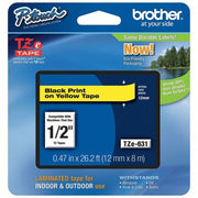 Brother TZe631 Continuous Label Roll Cartridge 1/2 in x 26 13/64 ft, PET, Black on Yellow, Indoor/Outdoor