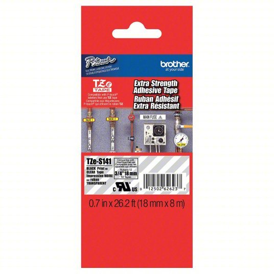 Brother TZeS141 Continuous Label Roll Cartridge 3/4 in x 26 13/64 ft, PET, Black on Clear, Indoor/Outdoor, Adhesive