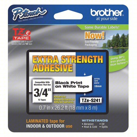 Brother TZeS241 Continuous Label Roll Cartridge 3/4 in x 26 13/64 ft, PET, Black on White, Indoor/Outdoor, Adhesive