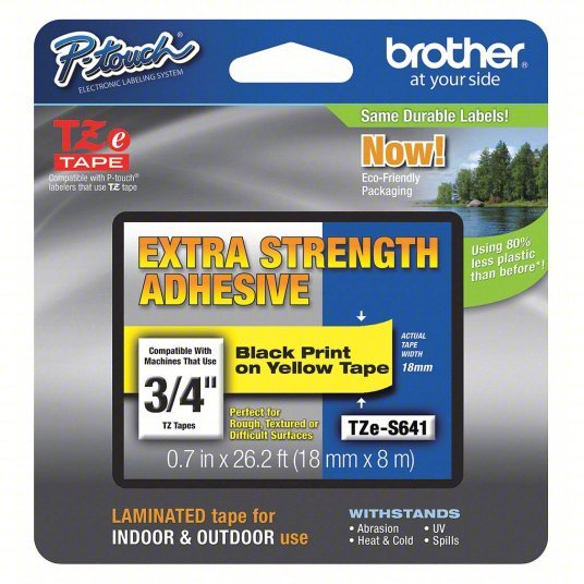 Brother TZeS641 Continuous Label Roll Cartridge 3/4 in x 26 13/64 ft, PET, Black on Yellow, Indoor/Outdoor