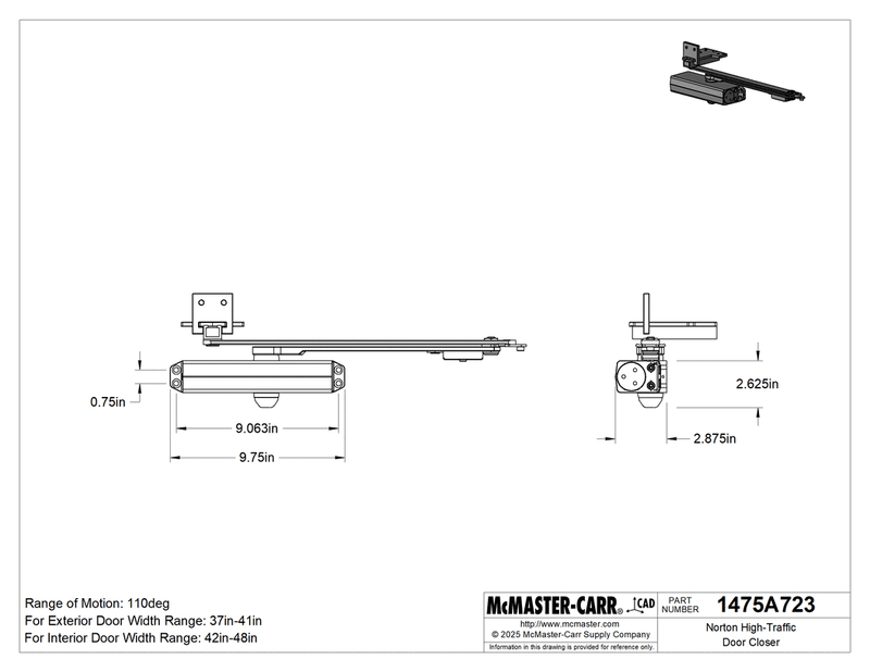 McMaster 1475A721 Norton High-Traffic Door Closer UNI 1601, 42"-48" Interior Door Width, Hold Open, Finish Gray