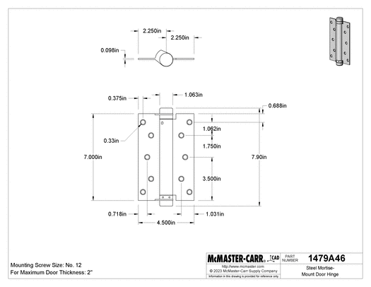 McMaster 1479A46 Mortise-Mount Door Hinge with Nonstd Holes, Square Corners, Black Steel, for 2" Door