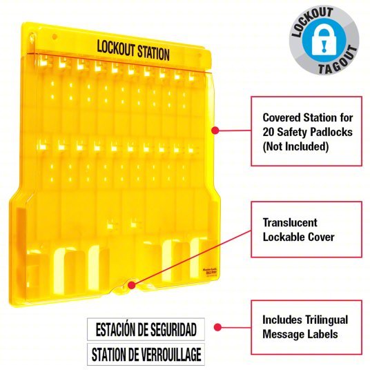 Master Lock 1484B Lockout Station, Unfilled, Holds 20 Padlocks, 22 in x 22 in, Includes Translucent Lockable Cover
