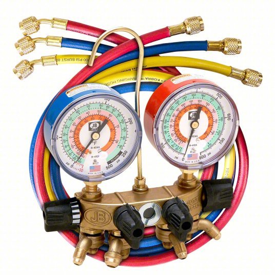 JB Industries 26200-310 Manifold Gauge, 4 Valves, R-22/R-404A/R-410A, 4 Hoses