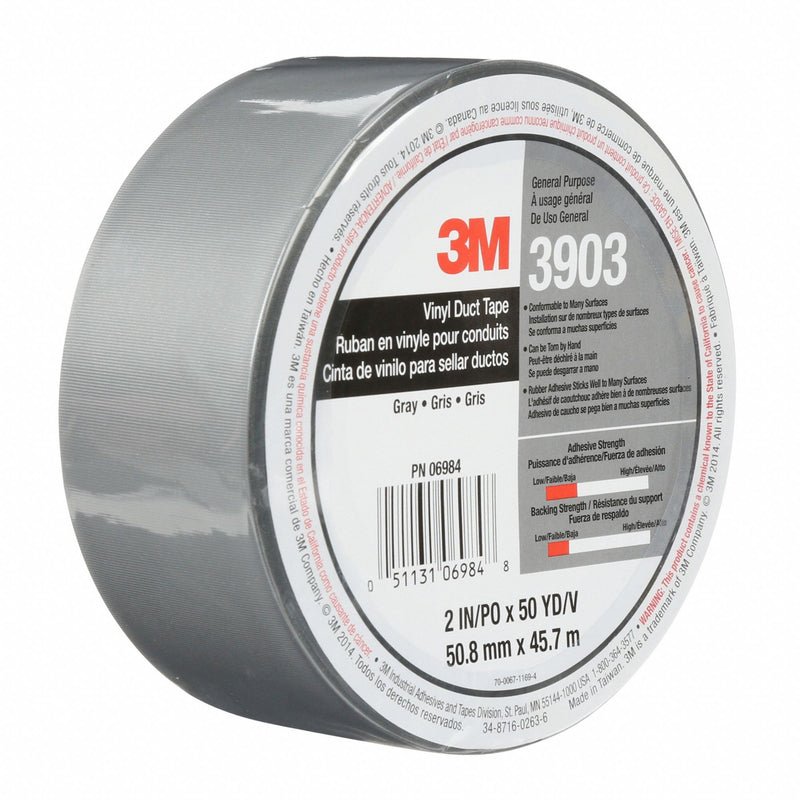 3M 3903 Duct Tape, Light Duty, Gray, 2 in Wd, 50 yd Lg, 6.5 mil Thick, 3903, Vinyl Coated Cloth, Rubber