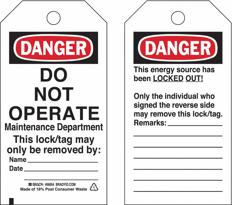 Brady 66054 Danger Tag, Danger, Danger Do Not Operate, Polyester, Date/Name/Remarks, Write-On Surface, Tag