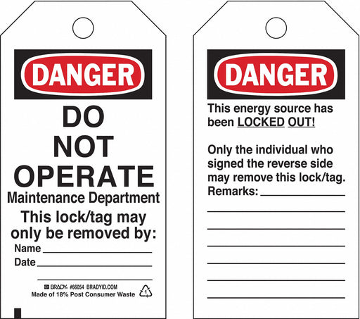 Brady 66054 Danger Tag, Danger, Danger Do Not Operate, Polyester, Date/Name/Remarks, Write-On Surface, Tag
