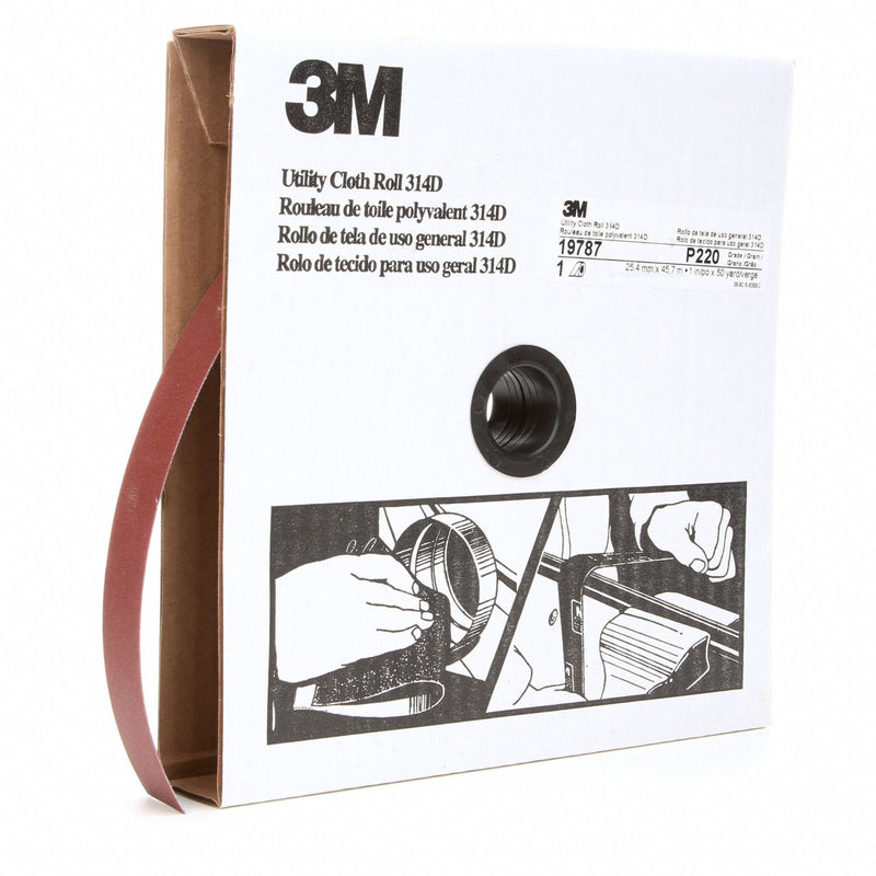 3M 314D Utility Cloth Roll, 1 in W x 50 yd L, Aluminum Oxide, P220 Grit, J Wt Cloth, 5 PK