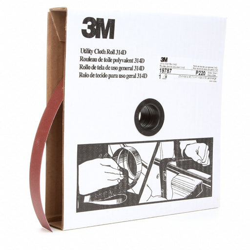 3M 314D Utility Cloth Roll, 1 in W x 50 yd L, Aluminum Oxide, P220 Grit, J Wt Cloth, 5 PK