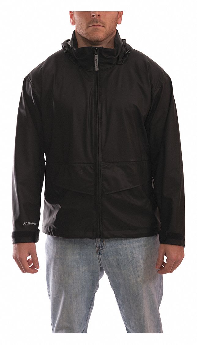 Tingley J67113 Rain Jacket, Rain Jacket, M, Black, Zipper, Packable Hood in Collar Hood, 2 Pockets, Hip Lg
