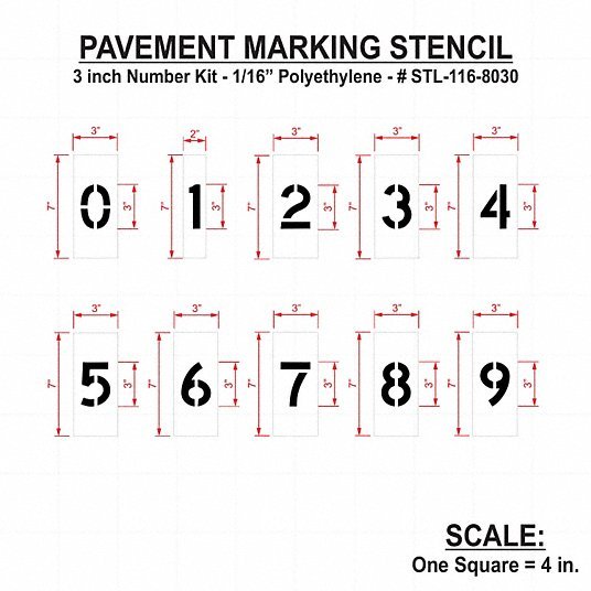 RAE STL-116-8030 Pavement Stencil 0 to 9/Blanks, 3 in Character Ht, 2 in Character Wd, Polyethylene