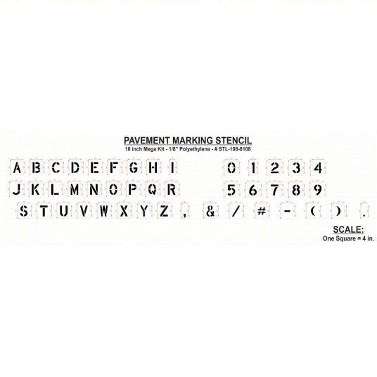 RAE STL-108-8108 Pavement Stencil 0 to 9/A to Z/Punctuation, 10 in Character Ht, 6 in Character Wd, Polyethylene