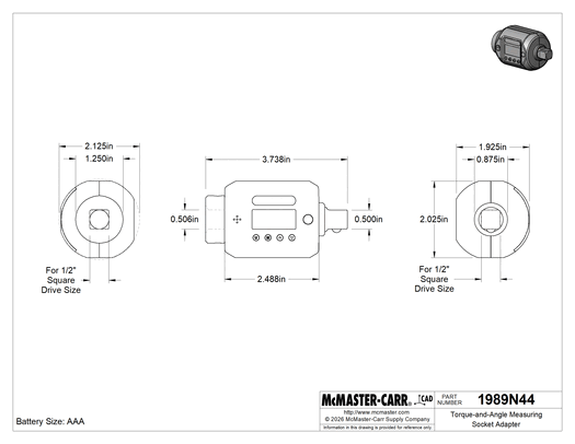 McMaster 1989N44 Torque-and-Angle Measuring Socket Adapter, 1/2" Square Drive, 3-7/8" Overall Length