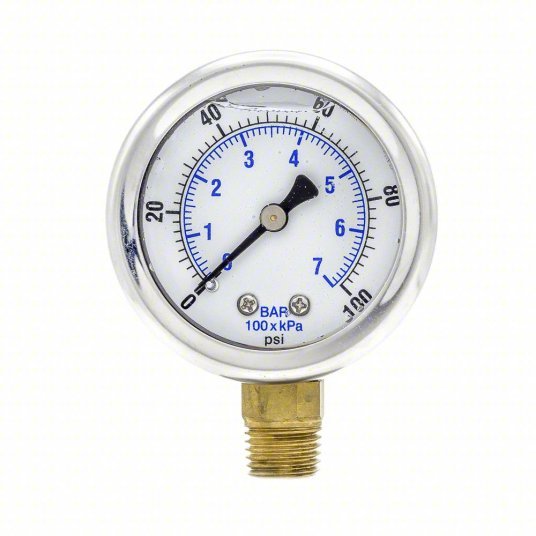PIC 201L-204E Pressure Gauge, 0 to 100 psi, 1/4 in MNPT, Stainless Steel, Silver
