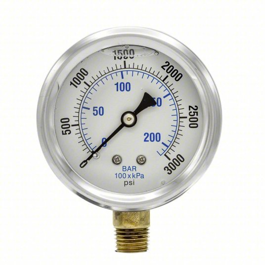 PIC PRO-201L-254P Pressure Gauge, 0 to 3000 psi, 1/4 in MNPT, Stainless Steel, Silver