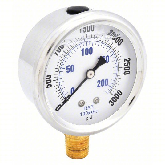 PIC PRO-201L-254P Pressure Gauge, 0 to 3000 psi, 1/4 in MNPT, Stainless Steel, Silver