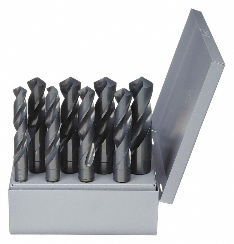 Cle-Line C21135 Reduced Shank Drill Bit Set, 8 Pc, 9/16 in to 1 in, 118 Deg Point, Black Oxide HSS
