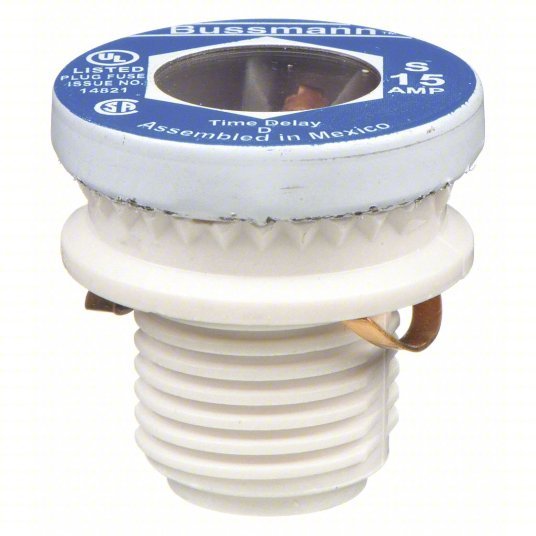 Bussmann S-15 Plug Fuse 15A, 125V AC, Screw-In Body, Rejection Fits Fuse Block, 4 PK