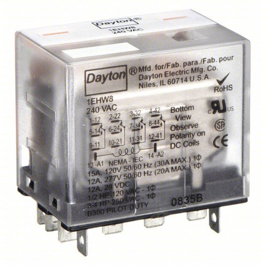 Dayton 1EHW8 General Purpose Relay, 240V AC Coil Volts, Square, 14 Pin, 4PDT