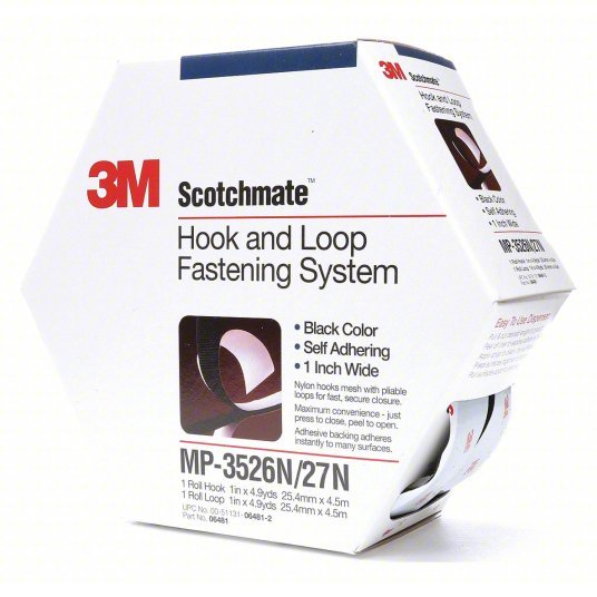 3M MP3526N/MP3527N Hook-and-Loop Fastener Roll, Black, Hook-and-Loop, 1 in Overall Wd, 14 11/16 ft Overall Lg