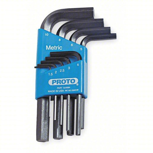 Proto J4984 Hex Key Set Metric, Short, 9 Pieces, Plastic Holder, Black Oxide, 2 Tips