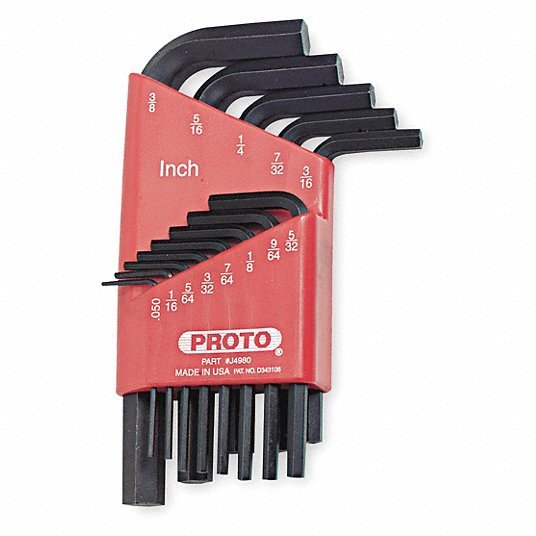 Proto J4980 Hex Key Set 11 - 15 Pieces, L, SAE, Std End, Short, 13 Pieces, Holder, Black Oxide, 2 Tips