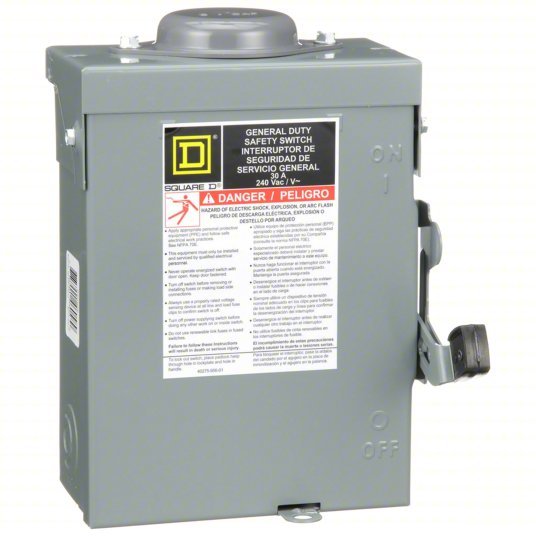Square D D221NRB Safety Switch Fusible, 30 A, Three Phase, 240V AC, Galvanized Steel, Indoor/Outdoor