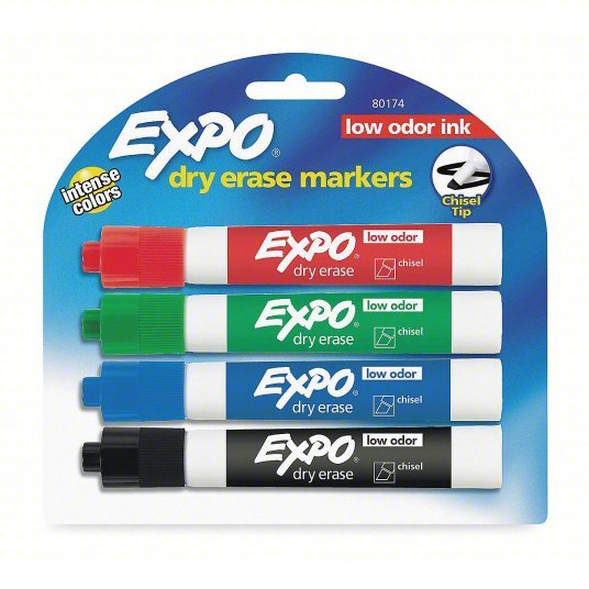 Expo 80174 Dry Erase Marker Set Chisel, Capped, Assorted, Original, Black/Blue/Green/Red, 4 PK