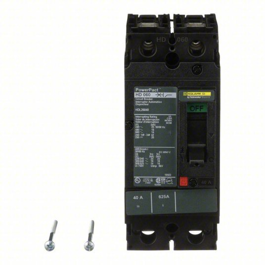 Square D HDL26040 Molded Case Circuit Breaker 40A, 25kA at 240V AC, Fixed, Line/Load Lug, 2 Poles, 600V AC, HD