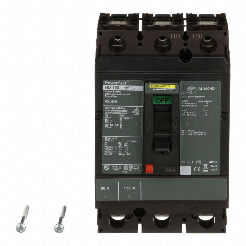 Square D HDL36090 Molded Case Circuit Breaker, 90 A, 3 Pole, 600V AC, 25kA at 240V AC