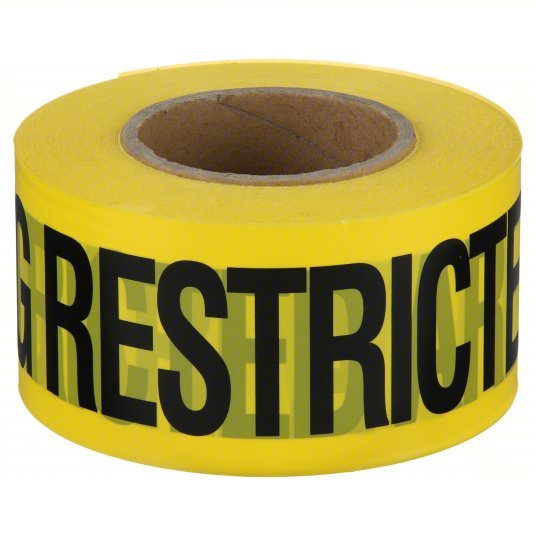 Redwood RW1N912 Barricade Tape 1,000 ft Lg, 3 in Wd, Warning Restricted Area Legend, Polyethylene