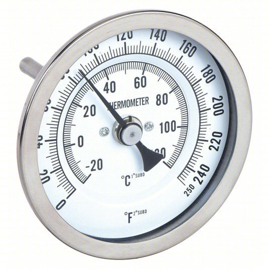 Redwood RW1NFY4 Dial Thermometer Back, 0° to 250°F/-20° to 120°C, 1/2 in NPT, 2.5 in Stem Lg, 3 in Dial Dia, 3 yr