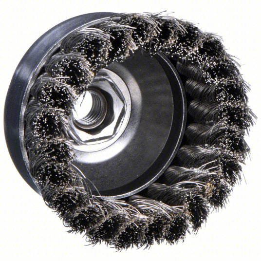 Weiler 93432 Cup Brush Twisted Stainless Steel, 2 3/4 in Dia, 0.02 in Fill Dia, 5/8"-11 Arbor