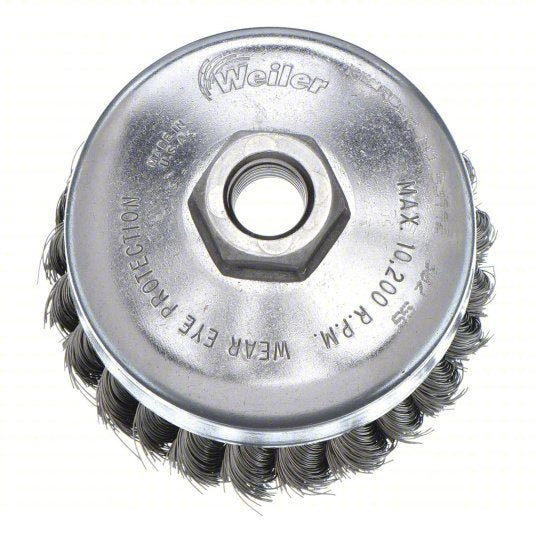 Weiler 93432 Cup Brush Twisted Stainless Steel, 2 3/4 in Dia, 0.02 in Fill Dia, 5/8"-11 Arbor