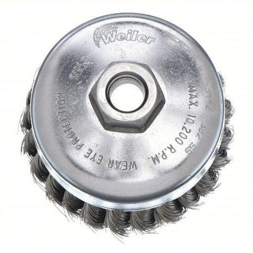 Weiler 93432 Cup Brush Twisted Stainless Steel, 2 3/4 in Dia, 0.02 in Fill Dia, 5/8"-11 Arbor
