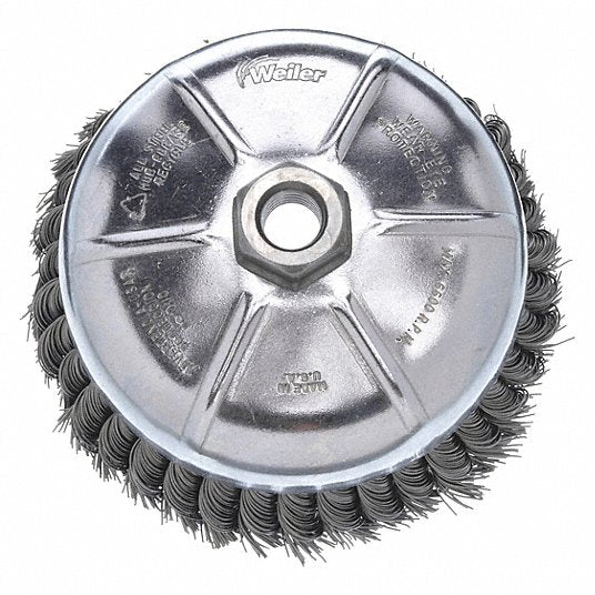 Weiler 93398 Cup Brush Twisted Steel, 5 in Dia, 0.023 in Fill Dia, 5/8"-11 Arbor