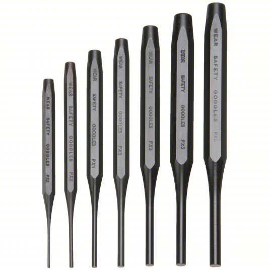 Proto J48007 Drive Pin Punch Set 1/16 in_3/32 in_1/8 in_5/32 in_3/16 in_7/32 in_1/4 in Tip Dia, 7 Pieces, Steel