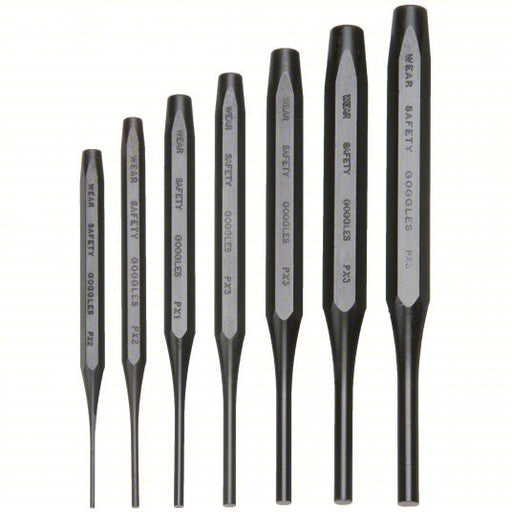 Proto J48007 Drive Pin Punch Set 1/16 in_3/32 in_1/8 in_5/32 in_3/16 in_7/32 in_1/4 in Tip Dia, 7 Pieces, Steel