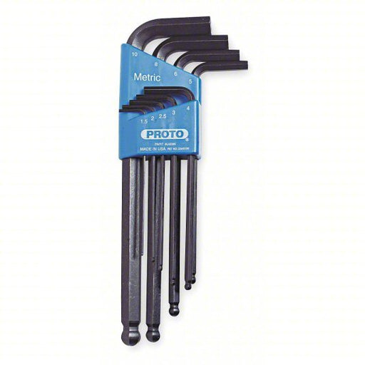 Proto J4996 Hex Key Set Metric, Long, 9 Pieces, Plastic Holder, Black Oxide, 2 Tips, 3 in to 7 3/4 in