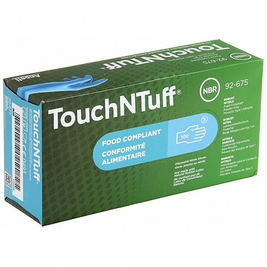 Touchntuff 92-675 Disposable Nitrile Gloves with Textured Fingertips, Nitrile, Powder-Free, XL (10), Blue, 100 Pack